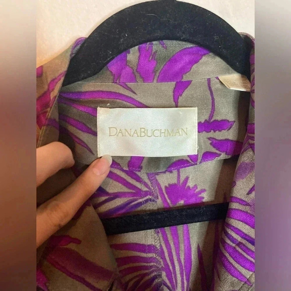 Vintage Dana Buchman Silk Tropical Print Long Sleeve Shirt Size 6 Purple - Picture 3 of 8